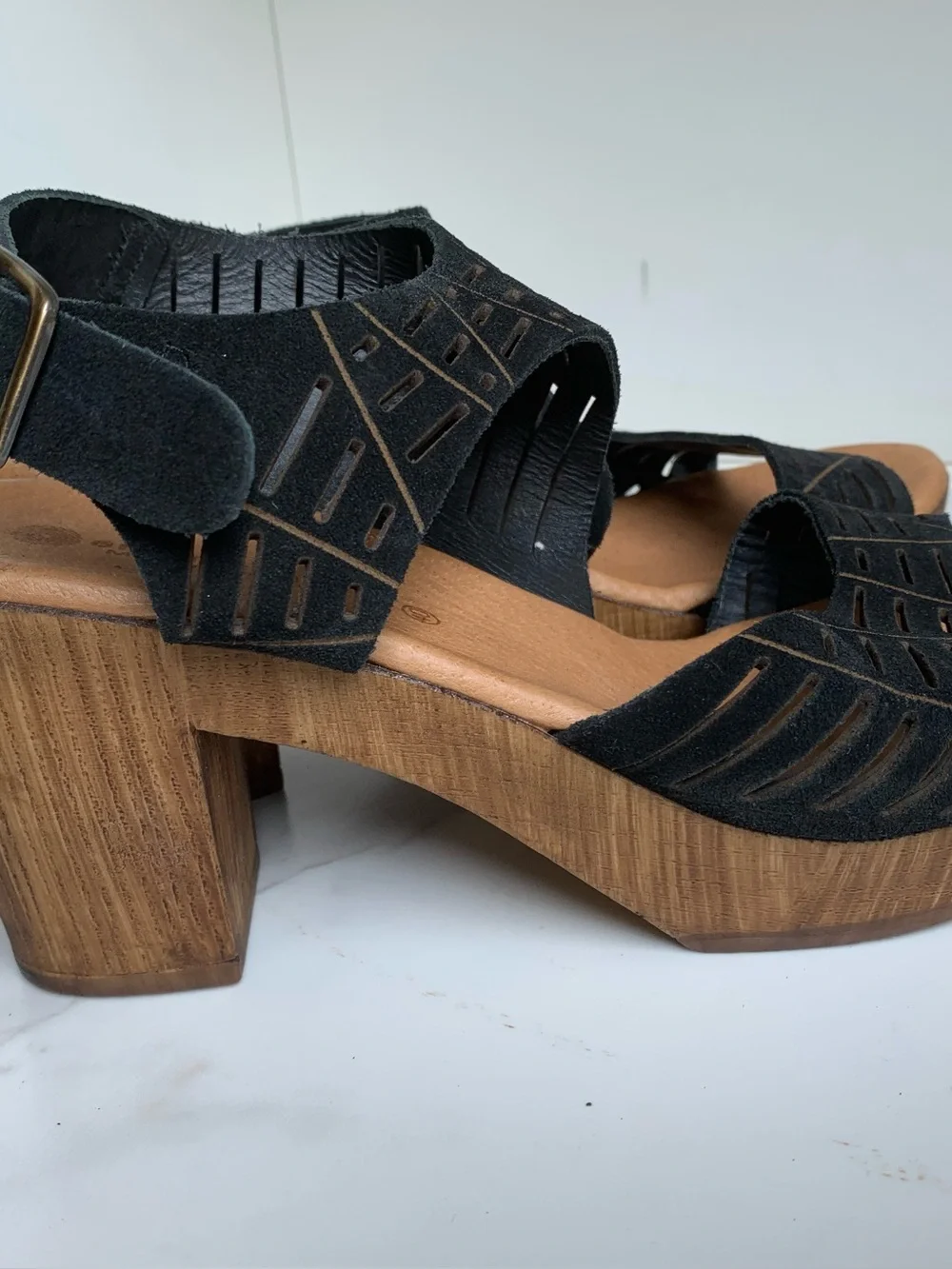 Eric Michael Black Suede Laser-Cut Platform Sandals